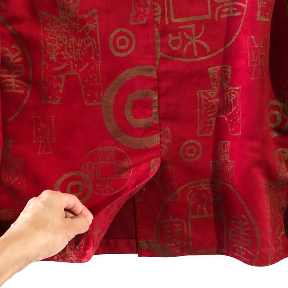 Chico's Design Sz 3 Red Long Sleeve Button Up Shirt Blazer Jacket Oriental Print - Picture 7 of 8